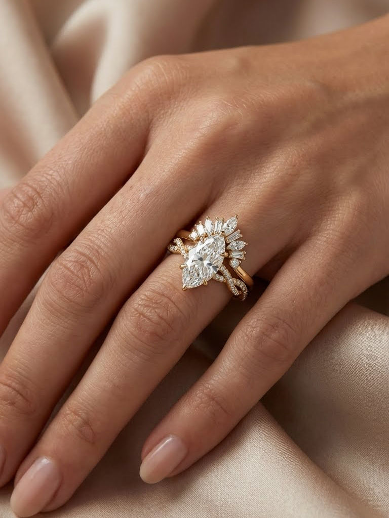 3.5 CT Marquise Cut Diamond Engagement Ring Art Deco Sunburst Halo Bridal Set