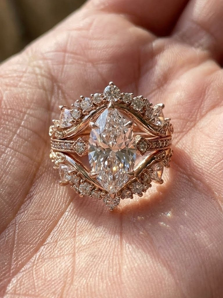 Vintage Art Deco Moissanite Engagement Ring Set Solid Yellow Gold Luxury Bridal