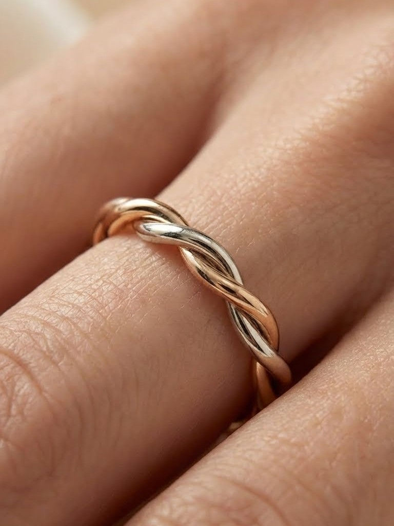 14K Solid Gold Rope Infinity Relaxed Twist Wedding Band Stackable Ring
