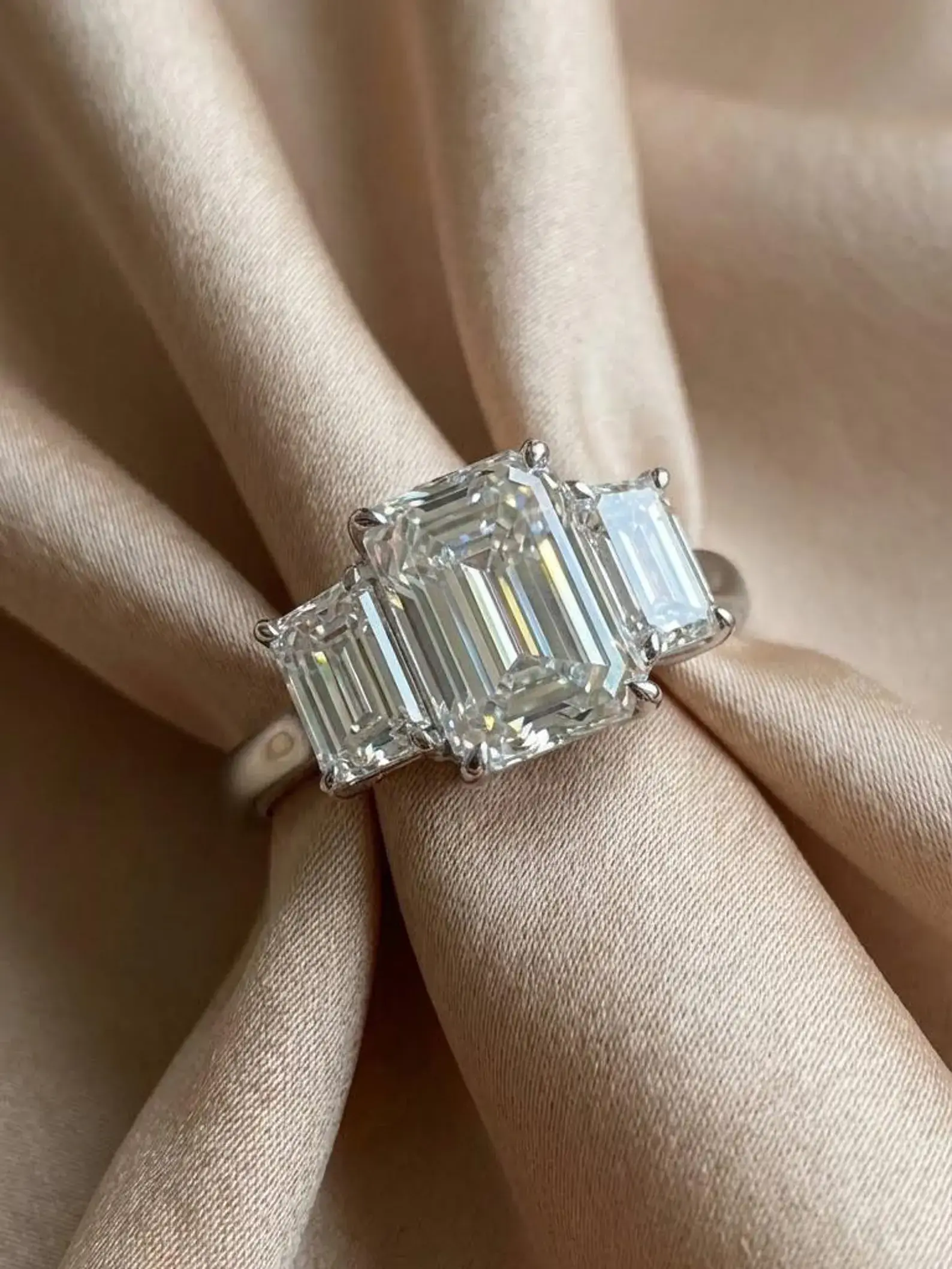 Emerald Cut Moissanite Diamond Bar Set Three Stone Engagement Ring Woman Gift
