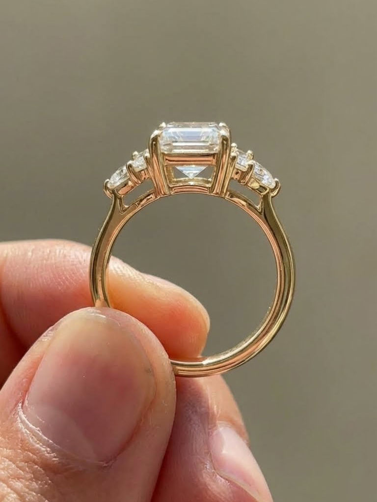 2.5 CT Emerald Cut Moissanite Engagement Ring with Side Stones Wedding Ring