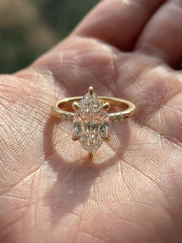 Marquise Cut Moissanite Engagement Ring with Dainty Diamond Band in Yellow Gold