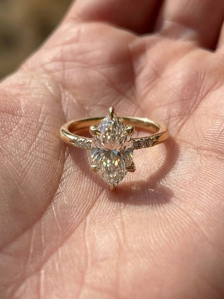Marquise Cut Moissanite Engagement Ring with Dainty Diamond Band in Yellow Gold