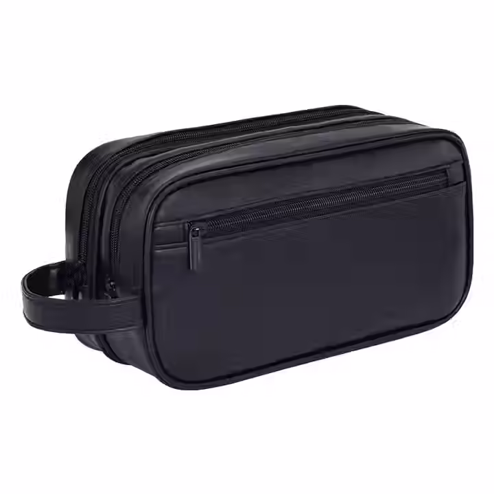 Black Leather, Wash Bag, Double Compartment