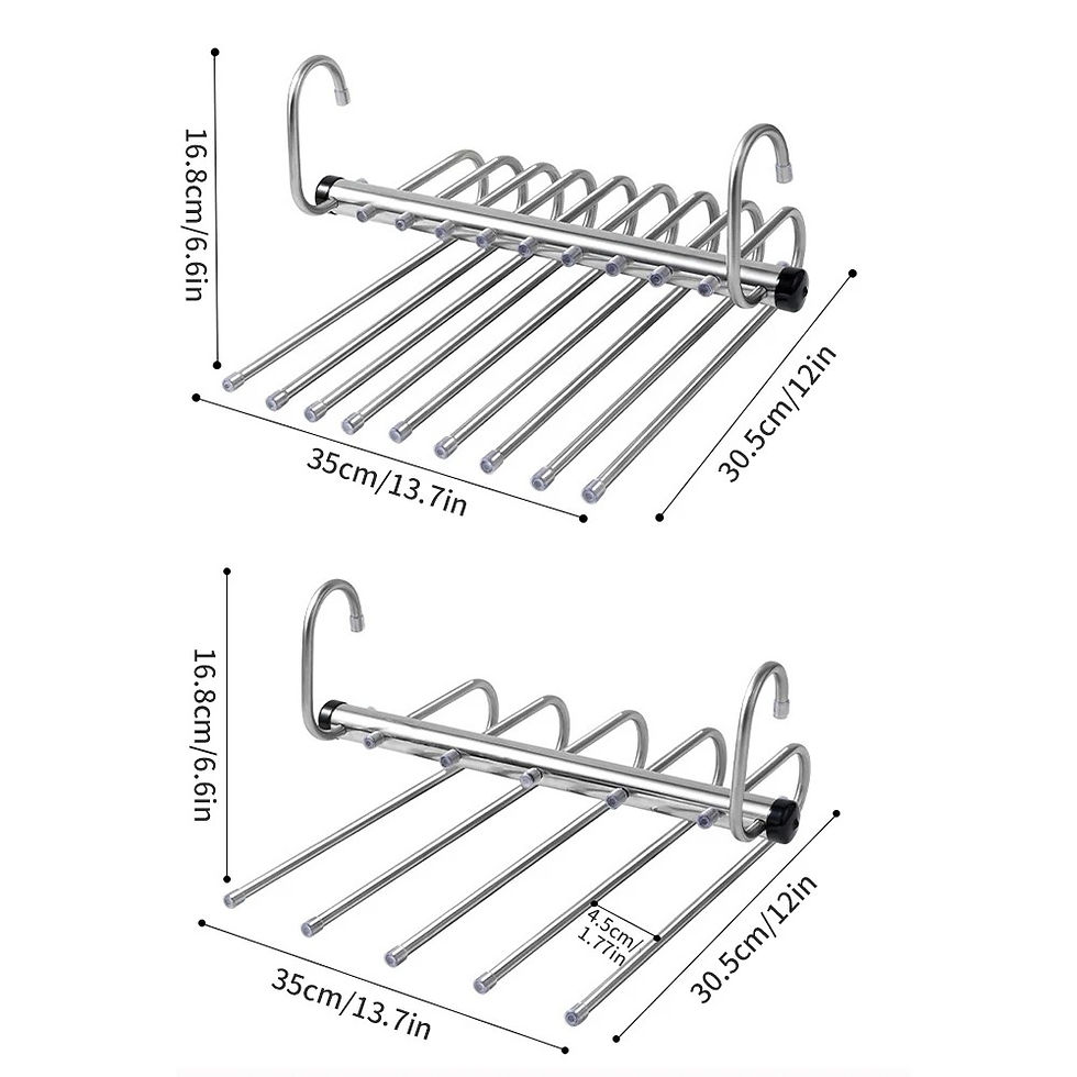 Extendable pants hanger with dimensions.