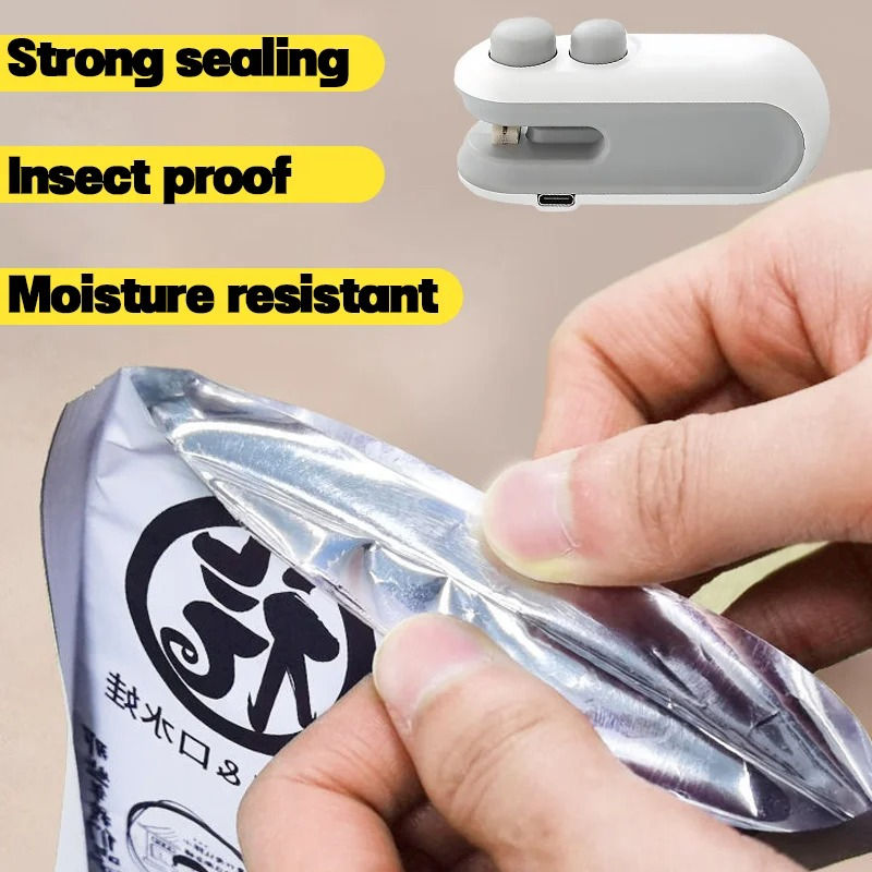 A person's hands opening a sealed silver bag, with a white and grey mini bag sealer in the top right, and text highlighting "Strong sealing," "Insect proof," and "Moisture resistant."