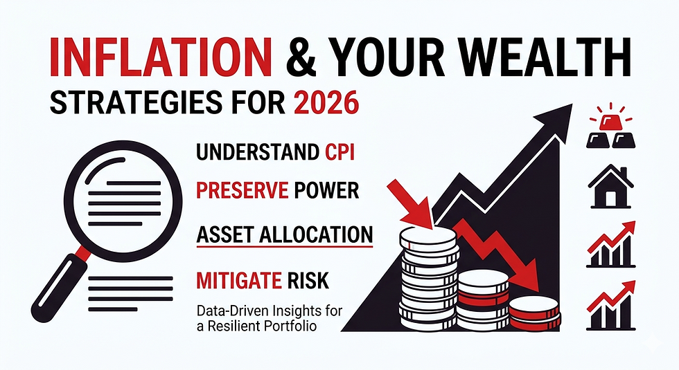 Infographic on inflation and wealth strategies for 2026, with CPI, asset allocation, risk, and falling coins beside charts.
