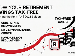 Roth IRA 2026 infographic with rising arrows, coin stacks and safe icon; text reads tax-free gains and income limits.