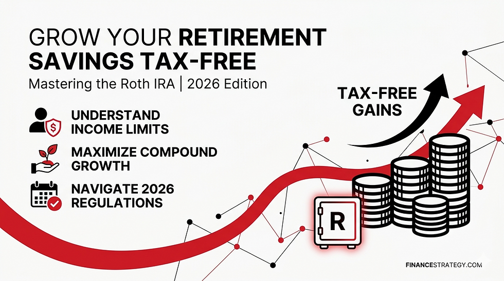 Roth IRA 2026 infographic with rising arrows, coin stacks and safe icon; text reads tax-free gains and income limits.