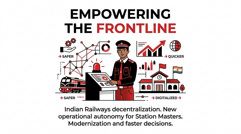 Poster of a railway officer at a control panel with train, station, charts and icons; text says Empowering the Frontline.