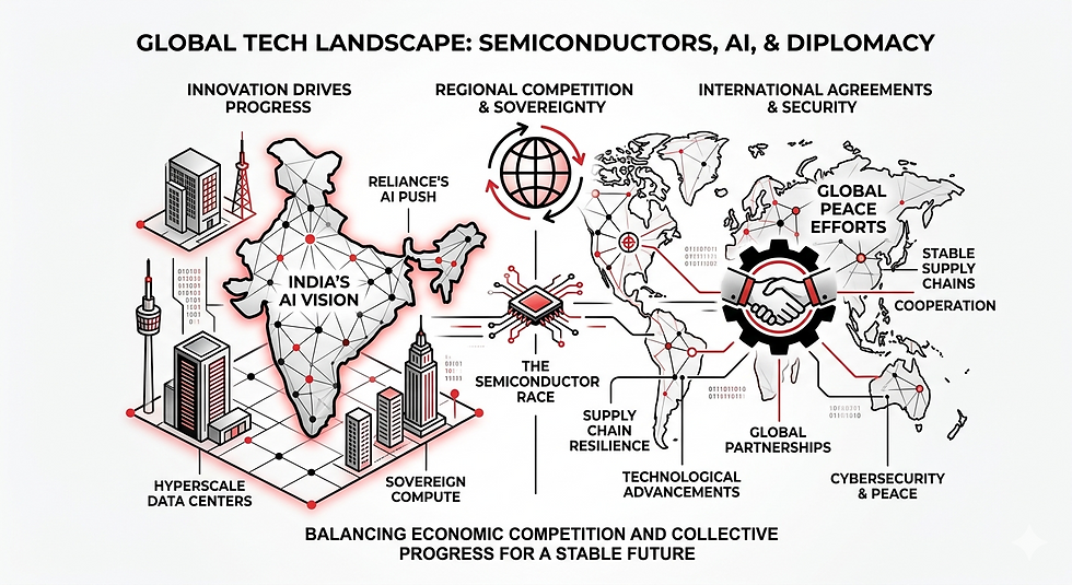 Infographic of global tech landscape: India AI map, semiconductor chip, world map, handshake, and labels on competition and security
