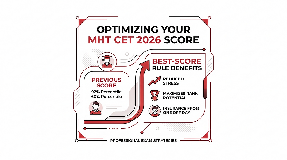 Infographic about optimizing MHT CET 2026 score, showing previous score vs best-score rule benefits with red arrows and exam icons.