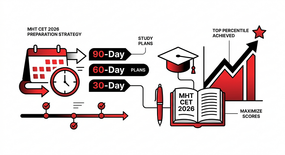 Infographic for MHT CET 2026 prep strategy, showing 90-, 60-, and 30-day plans, study book, graduation cap, and rising score chart.