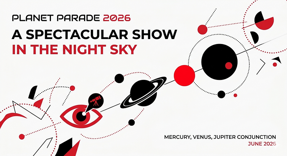 Abstract Planet Parade 2026 poster with black and red planet icons; text reads A Spectacular Show in the Night Sky.