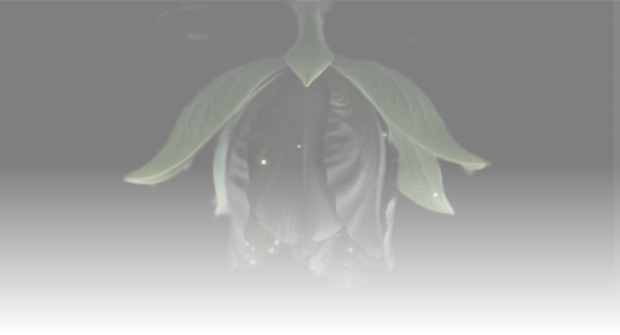 Dark black flower with green leaves on black background.