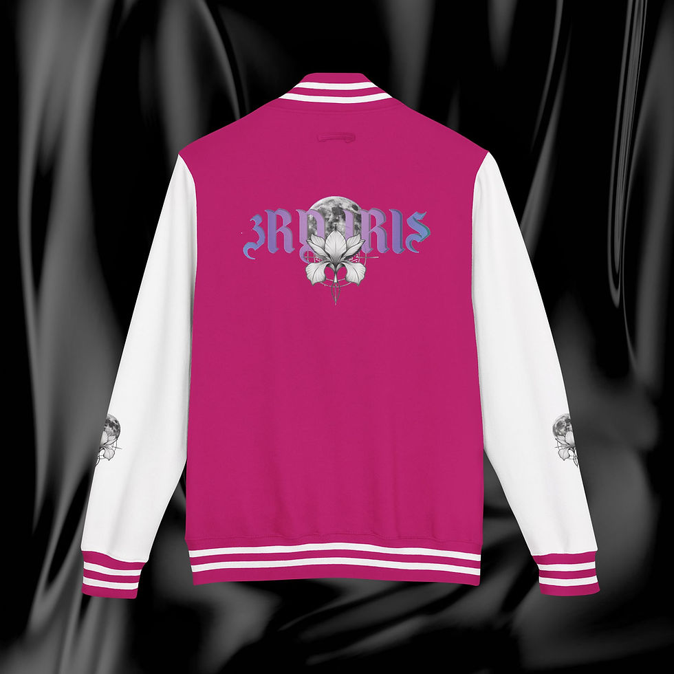 Thumbnail: Back of pink and white varsity jacket with graphic design.