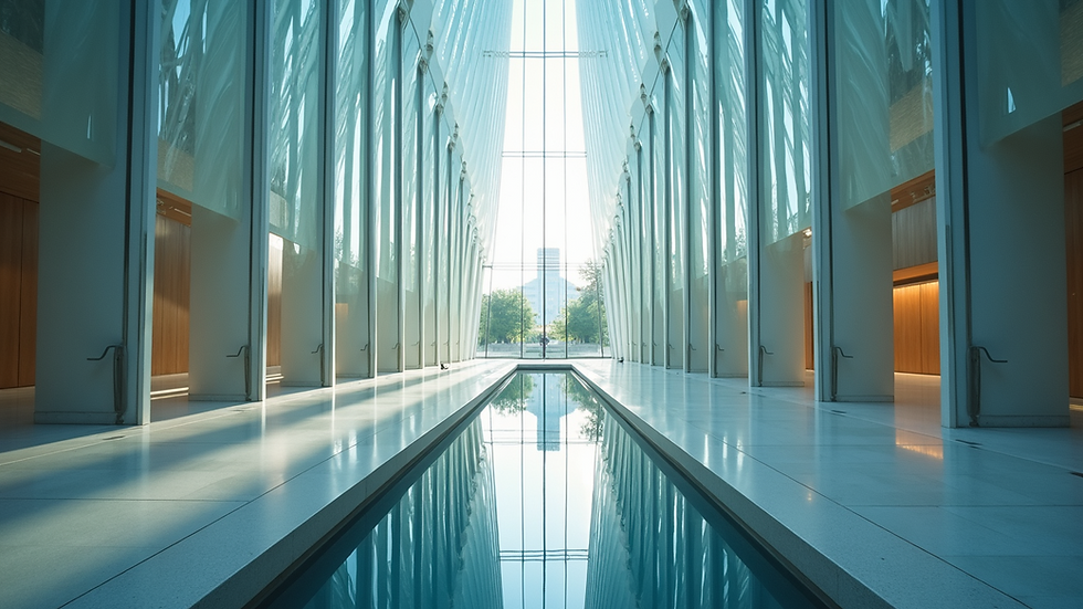 High angle view of the Crystal Cathedral's reflective glass facade