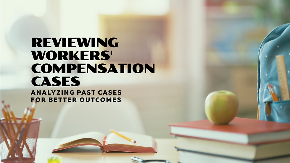 Text reads "Reviewing Workers' Compensation Cases." Open notebook, pencil, apple on stacked books in a bright, blurred office.