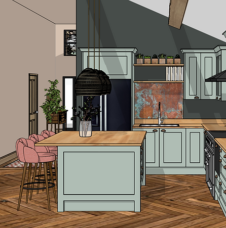 Sage green kitchen visualisation produced in SketchUp. Showing herringbone wooden flooring, bamboo worktops, copper splashback and coral pink bar stools at the kitchen island.