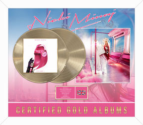 Gold record award for nicki minaj certified gold albums queen radio volume 1, pink friday 2,  white frame, design by plaque awards, british flag gold lettering