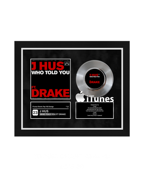 iTunes chart record award featuring artwork, a customizable center label, and detailed chart stats. Perfect for commemorating music milestones and achievements in the iTunes charts.