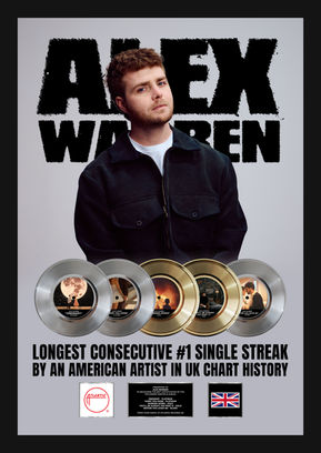 Custom music award plaque featuring artist Alex Warren, celebrating longest consecutive #1 single streak by an American artist in UK chart history. Design includes portrait of Alex Warren, bold black text of his name, and five vinyl records (three silver, two gold) representing hit singles: 'Ordinary,' 'Don’t You Worry You Home,' 'Running Down,' 'Before You Leave Me,' and one other track. Includes Atlantic Records logo, UK flag, and engraved dedication plate