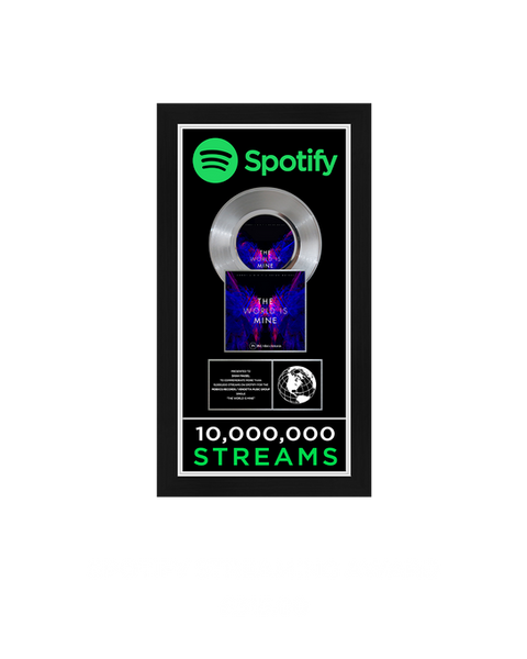 A sleek, vertical Spotify Deluxe Record Plaque award featuring a metallic record at the top, a customizable Spotify scan code, and a display of the song's stream count. Below, there’s space for the artist's name, album or track title, and a vibrant image or album cover. The design showcases a modern and polished aesthetic, celebrating the artist's streaming success with Spotify branding.