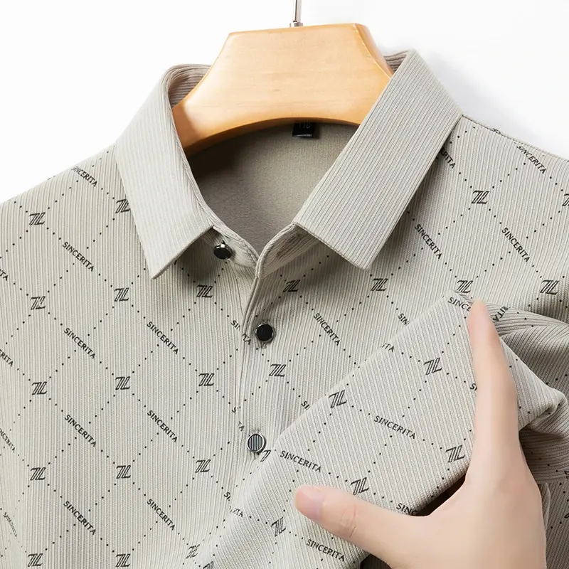 Thumbnail: New Men's Business Casual Long Sleeved Shirt with Badge Solid Color Polo Shirt F