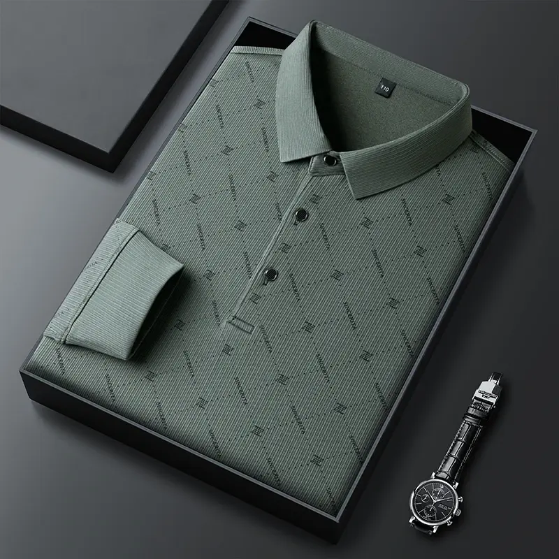 Thumbnail: New Men's Business Casual Long Sleeved Shirt with Badge Solid Color Polo Shirt F