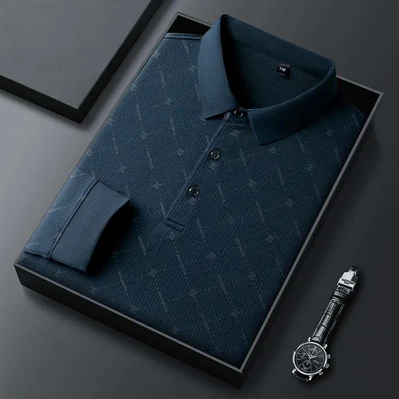 Thumbnail: New Men's Business Casual Long Sleeved Shirt with Badge Solid Color Polo Shirt F