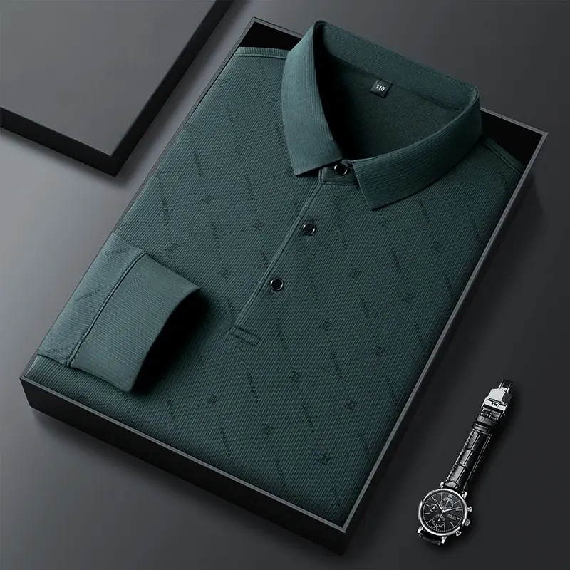 Thumbnail: New Men's Business Casual Long Sleeved Shirt with Badge Solid Color Polo Shirt F