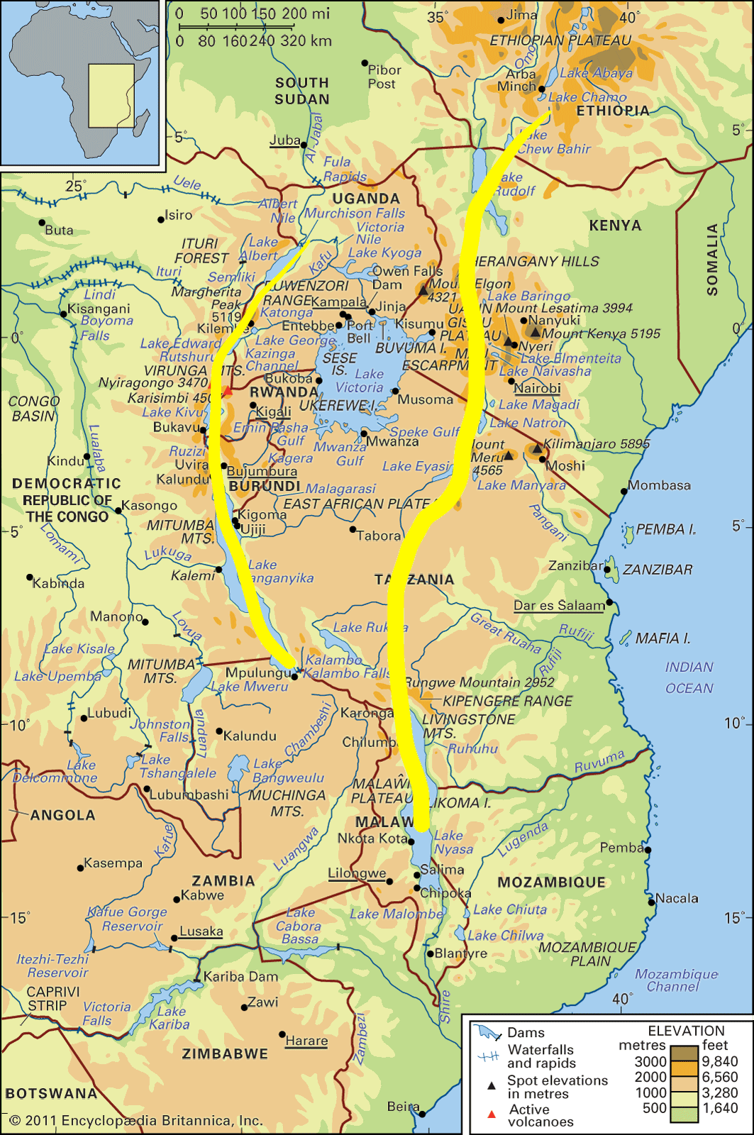 map of eastern africa highlighting the great rift valley