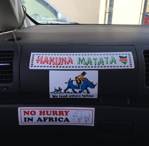 bumper stickers saying Hakuna Matata and No Hurry in Africa