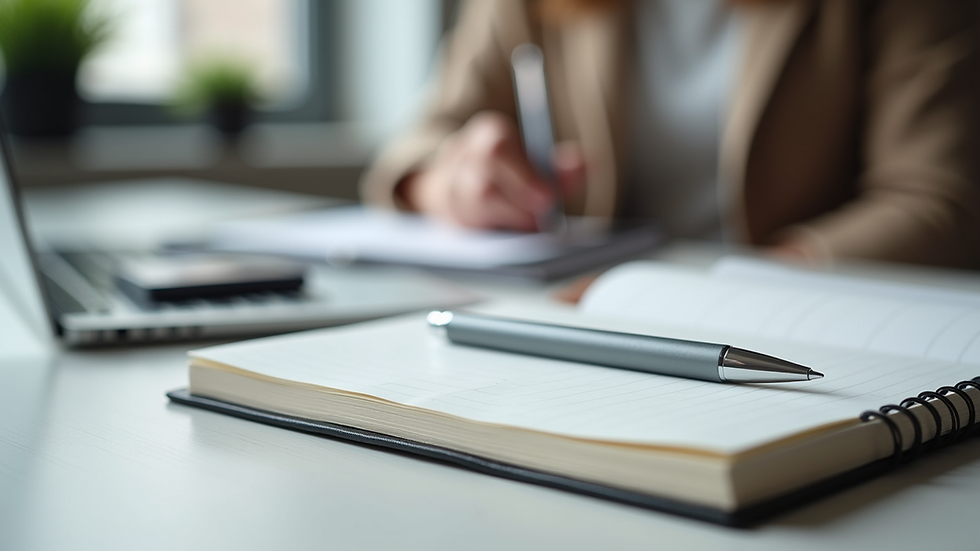 Close-up view of a notebook and pen on a therapist’s desk ready for a session