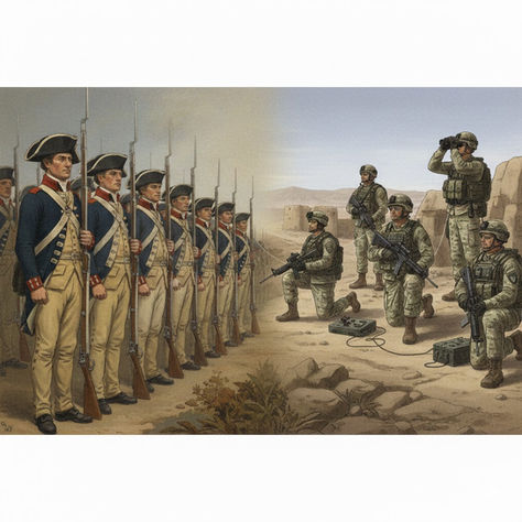 Illustration comparing two eras of American service, with Revolutionary War soldiers standing in a traditional battle line on the left and modern OIF/OEF/OND service members operating without a fixed front line on the right, symbolizing the shift from defined boundaries to unified service across time.
