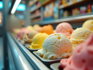 Grocery store freezer aisle displaying uncovered scoops of colorful ice cream in open tubs.