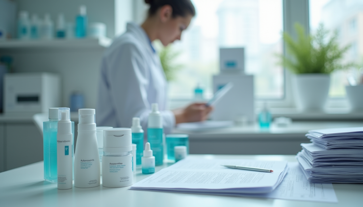 Eye-level view of a neatly organized cosmetic laboratory with product samples and documentation