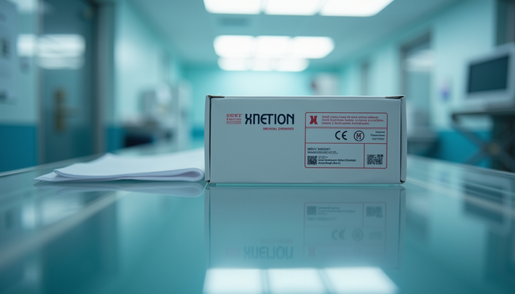 Eye-level view of a medical device with CE marking label on packaging