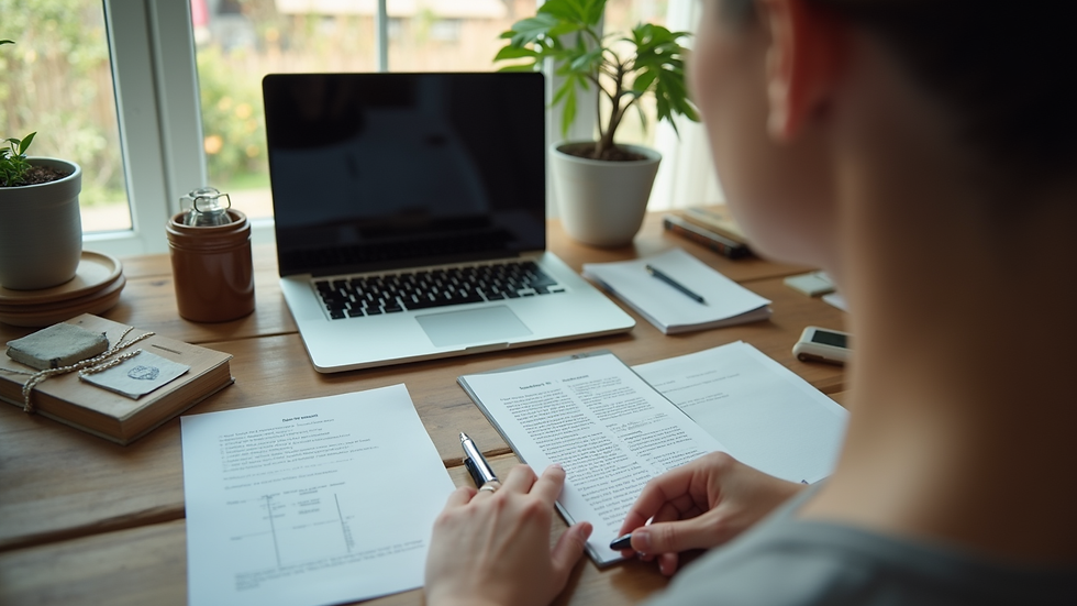 High angle view of a home office setup with a laptop and notary documents