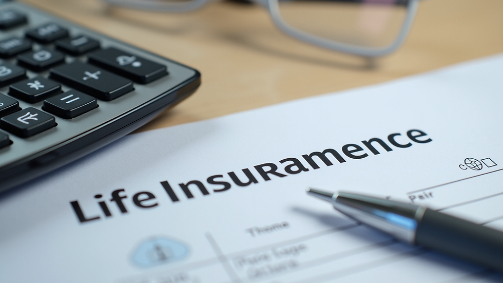 Close-up view of a calculator and life insurance documents on a desk