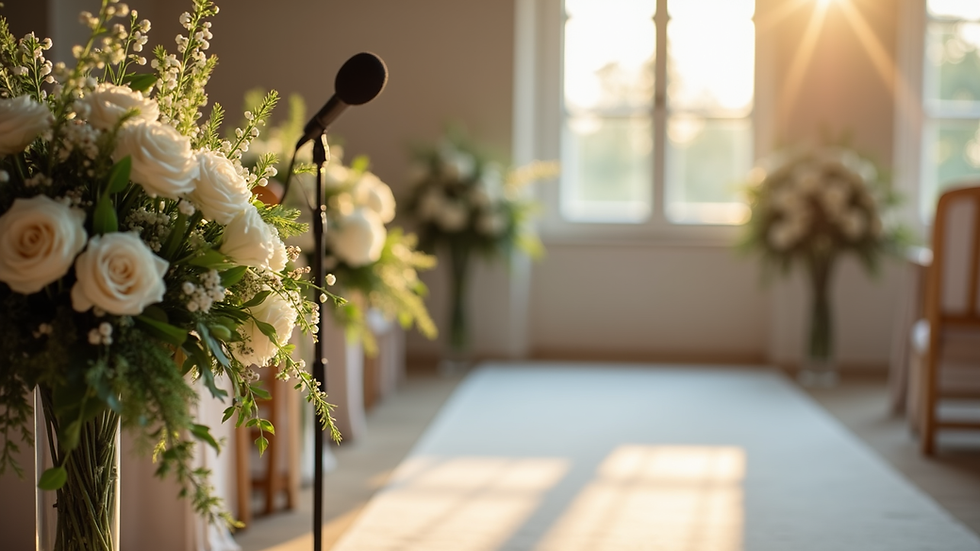Close-up view of a wedding ceremony setup with flowers and a microphone