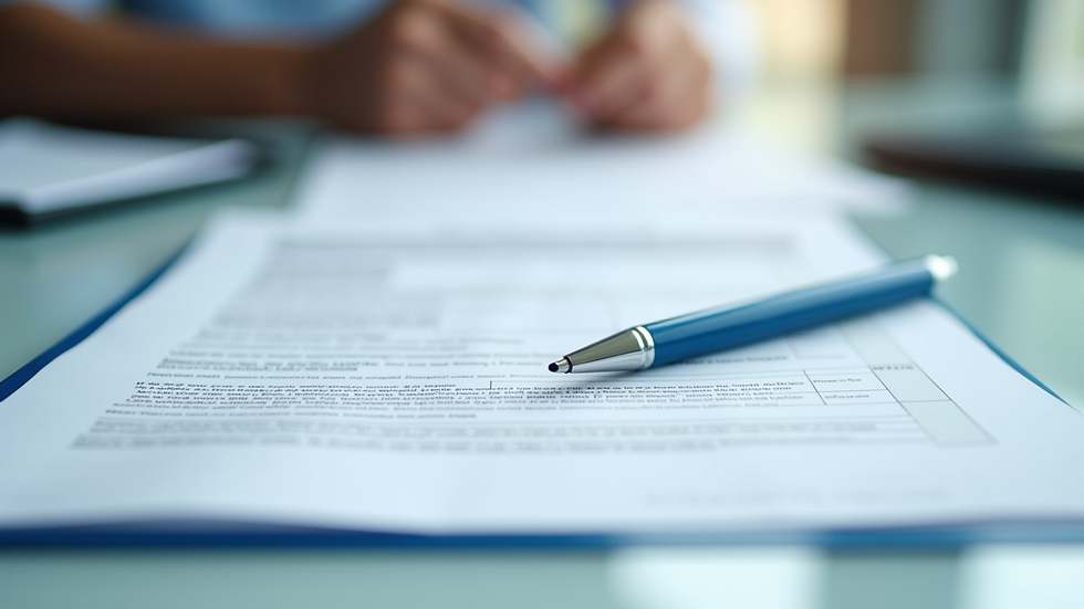 Close-up view of a medical report and pen on a desk