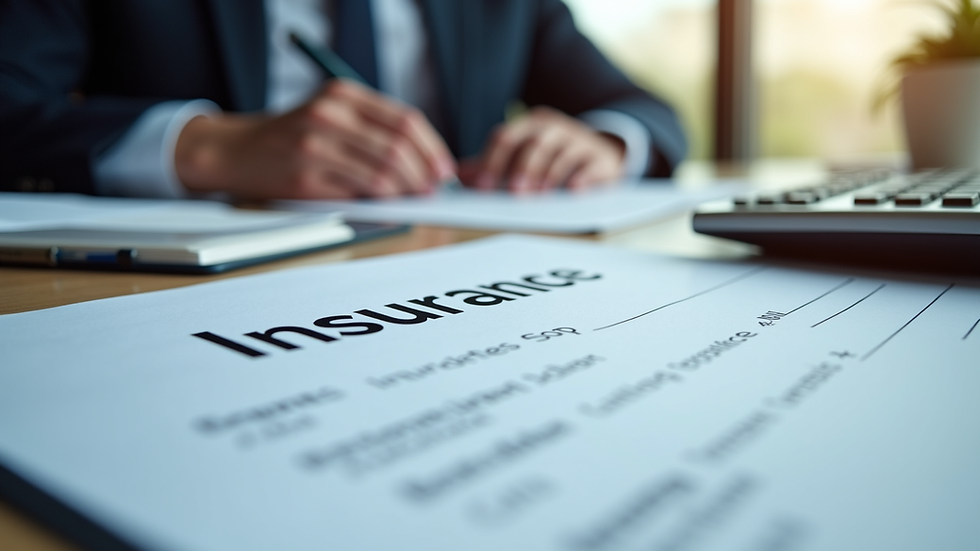 Eye-level view of a professional office desk with insurance documents and a calculator
