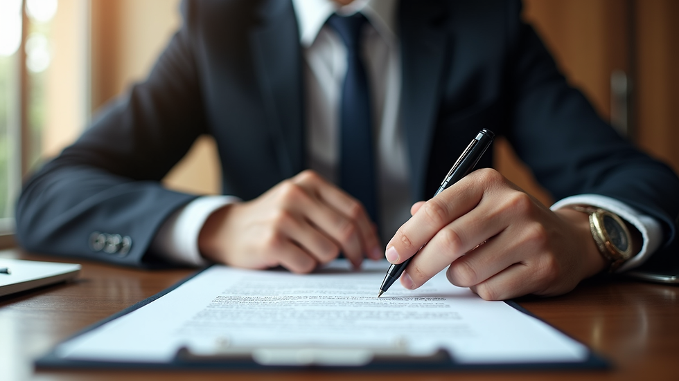 Eye-level view of a notary public sitting at a desk with a document and pen