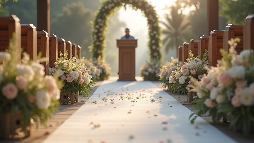 Close-up view of a wedding ceremony setup with floral decorations and officiant’s podium