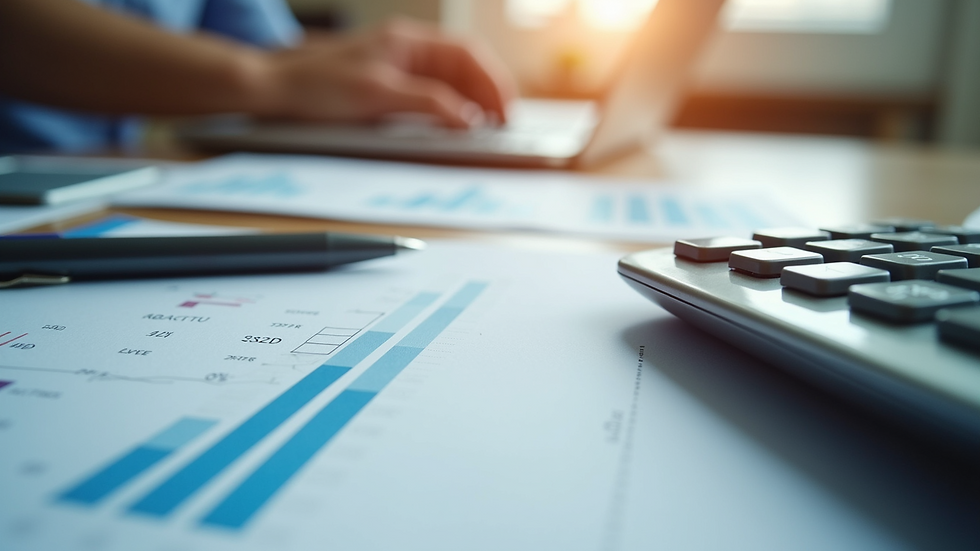 Close-up view of a calculator and financial documents on a desk