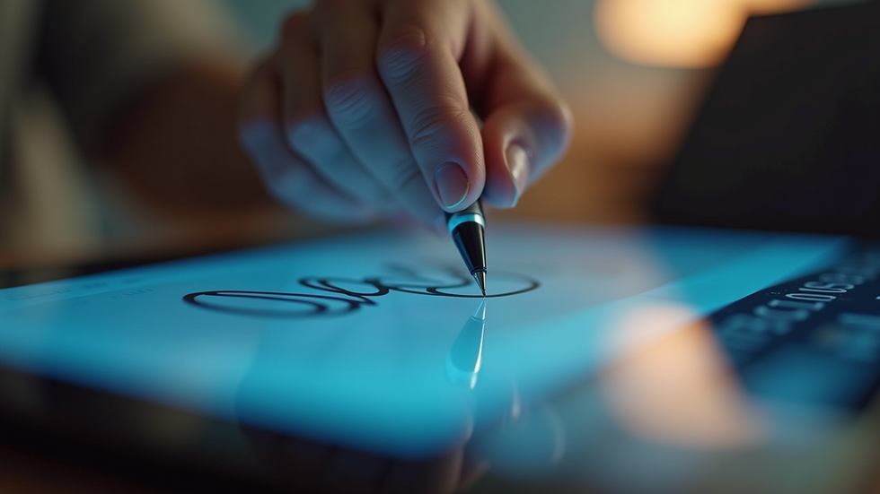 Close-up view of a digital signature being applied on a tablet