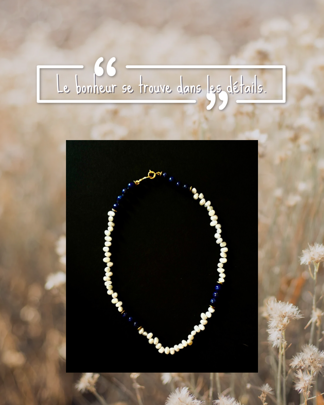 Collier perles de culture baroques blanches et perles de lapis-lazuli