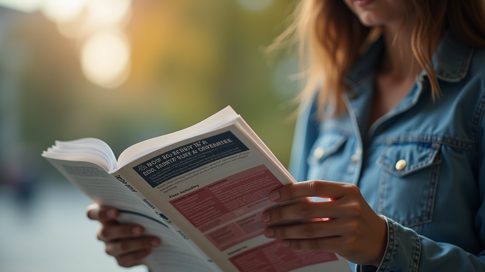Close-up view of a student reading a university brochure