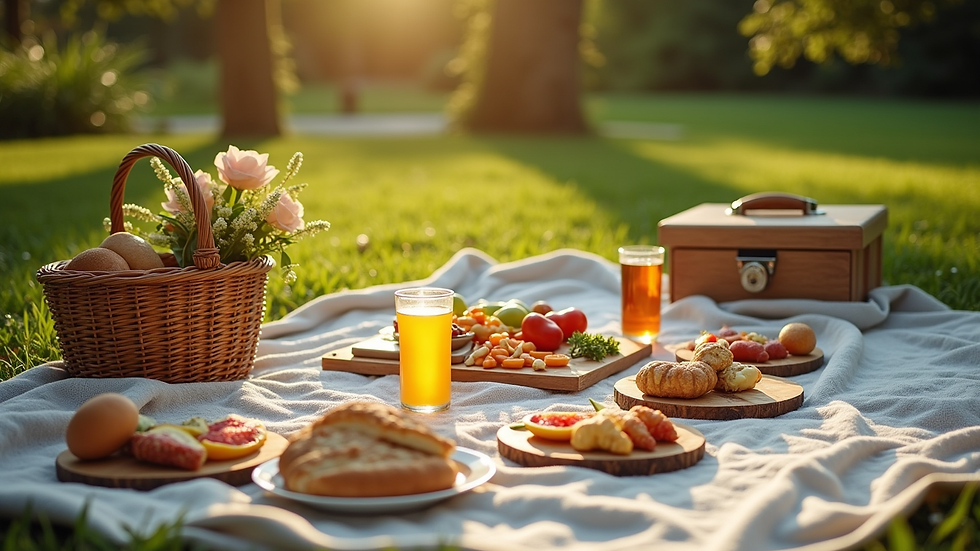 High angle view of a family picnic setup with blankets, food, and drinks in a sunny park